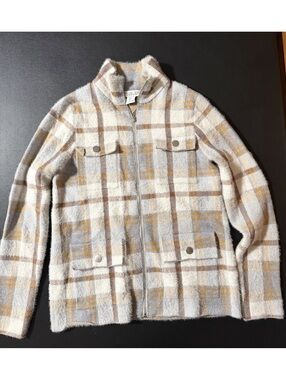 Rachel Zoe Women's Fuzzy Plaid Jacket Small Gray Cream Mustard Full Zip Knit